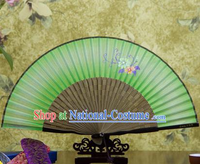 Traditional Chinese Handmade Crafts Bamboo Rib Folding Fan, China Classical Printing Flowers Sensu Green Silk Fan Hanfu Fans for Women