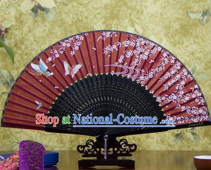 Traditional Chinese Handmade Crafts Bamboo Rib Folding Fan, China Classical Printing Butterfly Flowers Sensu Red Silk Fan Hanfu Fans for Women