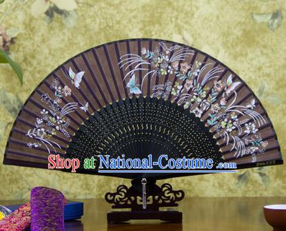 Traditional Chinese Handmade Crafts Bamboo Rib Folding Fan, China Classical Printing Butterfly Flowers Sensu Deep Purple Silk Fan Hanfu Fans for Women