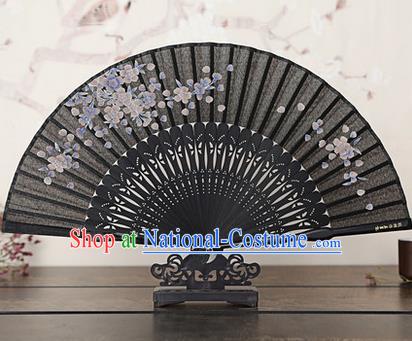 Traditional Chinese Handmade Crafts Bamboo Rib Folding Fan, China Classical Printing Pear Flowers Sensu Black Silk Fan Hanfu Fans for Women