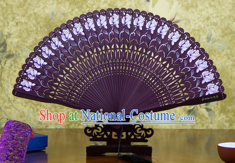 Traditional Chinese Handmade Crafts Bamboo Carving Folding Fan, China Classical Printing Rosa Chinensis Sensu Hollow Out Wood Purple Fan Hanfu Fans for Women