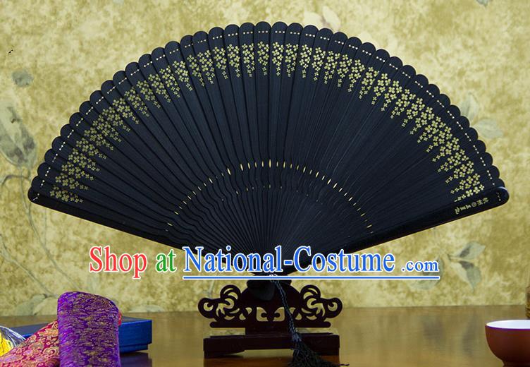 Traditional Chinese Handmade Crafts Bamboo Carving Folding Fan, China Classical Printing Osmanthus Fragrans Sensu Hollow Out Wood Black Fan Hanfu Fans for Women