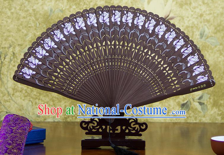 Traditional Chinese Handmade Crafts Bamboo Carving Folding Fan, China Classical Printing Flowers Sensu Hollow Out Wood Coffee Fan Hanfu Fans for Women