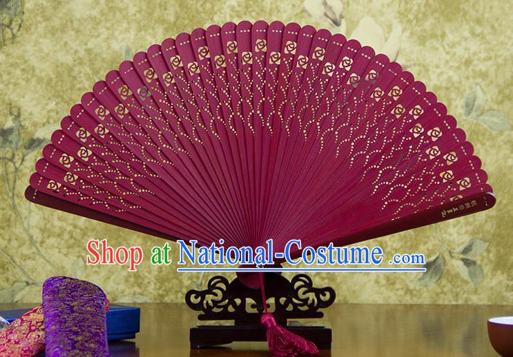 Traditional Chinese Handmade Crafts Bamboo Carving Folding Fan, China Classical Printing Flowers Sensu Hollow Out Wood Red Fan Hanfu Fans for Women