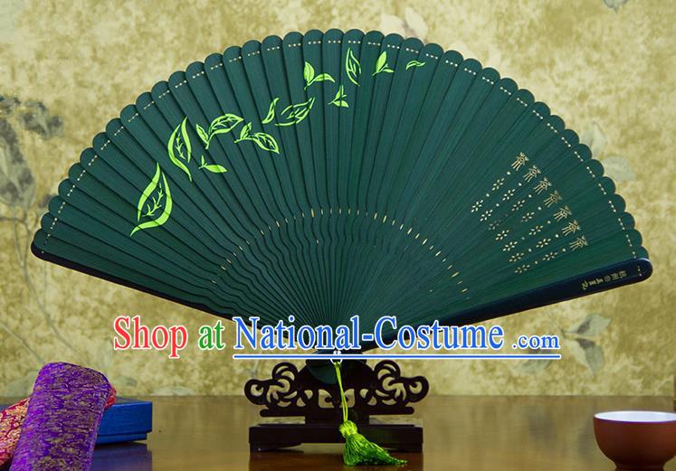 Traditional Chinese Handmade Crafts Bamboo Carving Folding Fan, China Classical Printing Tea Sensu Hollow Out Wood Green Fan Hanfu Fans for Women