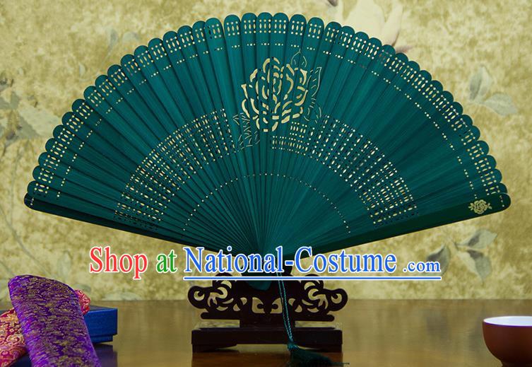 Traditional Chinese Handmade Crafts Bamboo Carving Folding Fan, China Classical Printing Rose Flower Sensu Hollow Out Wood Green Fan Hanfu Fans for Women