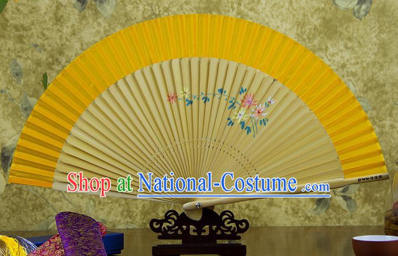 Traditional Chinese Handmade Crafts Hand Painting Flowers Folding Fan, China Classical Yellow Sensu Silk Fan Hanfu Fans for Women