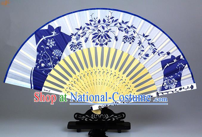 Traditional Chinese Handmade Crafts Blue and White Porcelain Folding Fan, China Classical Cheongsam Sensu Silk Fan Hanfu Fans for Women