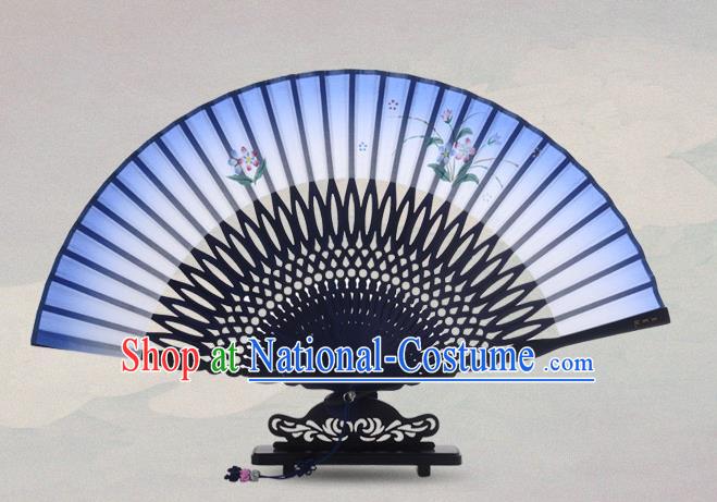 Traditional Chinese Handmade Crafts Painting Flowers Folding Fan, China Classical Sensu Blue Silk Fan Hanfu Fans for Women