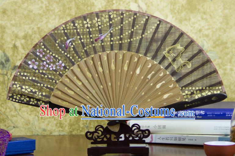 Traditional Chinese Handmade Crafts Printing Flower Bamboo Folding Fan, China Classical Linen Sensu Grey Fan Hanfu Fans for Women