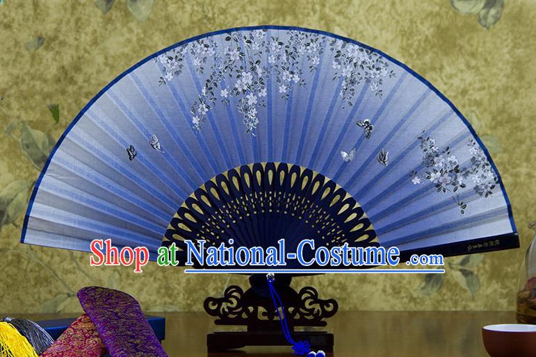 Traditional Chinese Handmade Crafts Printing Flower Folding Fan, China Classical Linen Sensu Blue Fan Hanfu Fans for Women