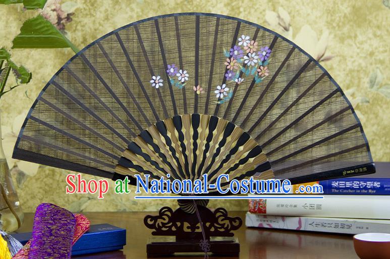 Traditional Chinese Handmade Crafts Printing Flower Folding Fan, China Classical Linen Sensu Coffee Fan Hanfu Fans for Women