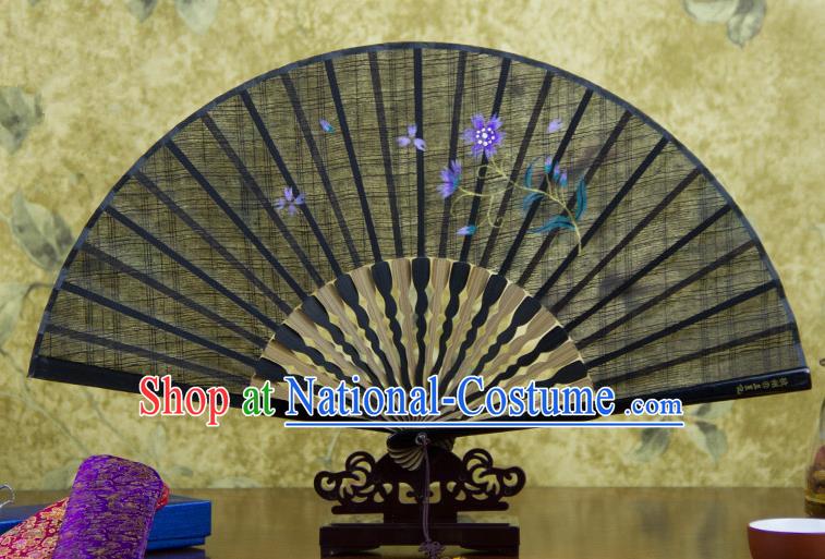 Traditional Chinese Handmade Crafts Printing Flower Folding Fan, China Classical Linen Sensu Black Fan Hanfu Fans for Women