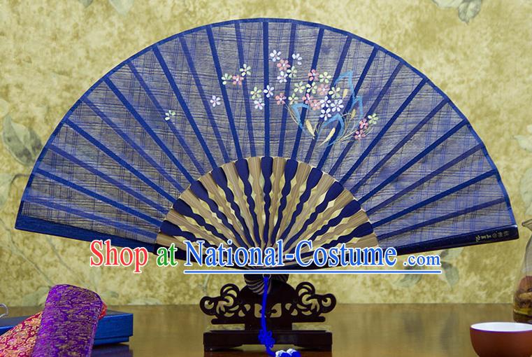 Traditional Chinese Handmade Crafts Printing Flower Folding Fan, China Classical Linen Sensu Blue Fan Hanfu Fans for Women