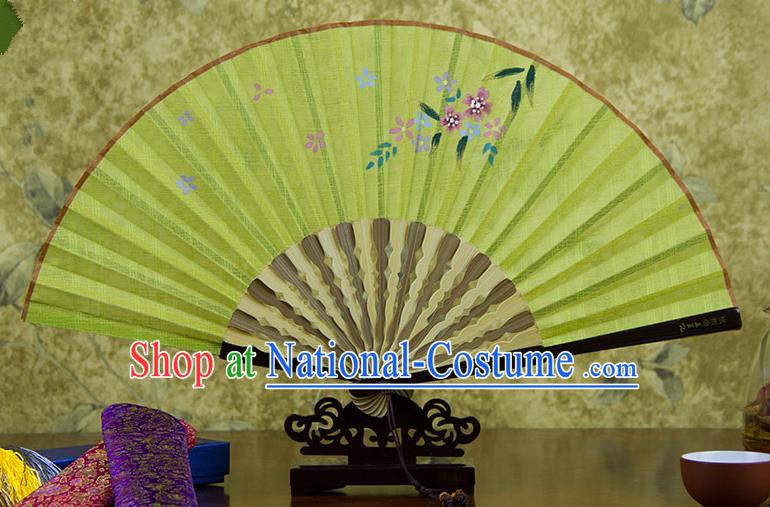 Traditional Chinese Handmade Crafts Printing Flower Folding Fan, China Classical Linen Sensu Bright Yellow Fan Hanfu Fans for Women