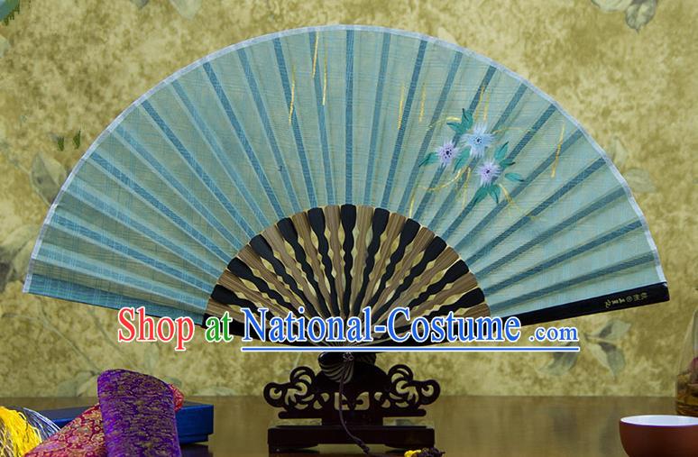 Traditional Chinese Handmade Crafts Printing Flower Folding Fan, China Classical Linen Sensu Green Fan Hanfu Fans for Women