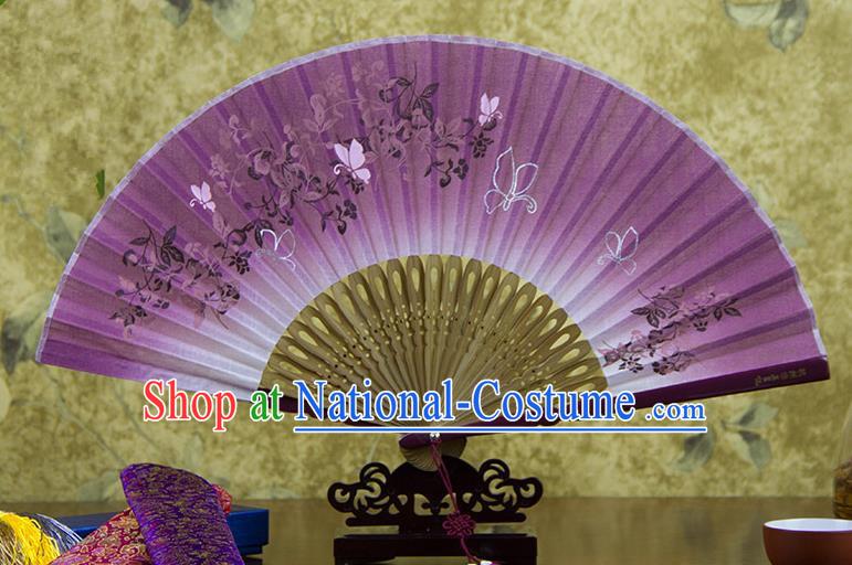 Traditional Chinese Handmade Crafts Printing Flower Folding Fan, China Classical Linen Sensu Lilac Fan Hanfu Fans for Women