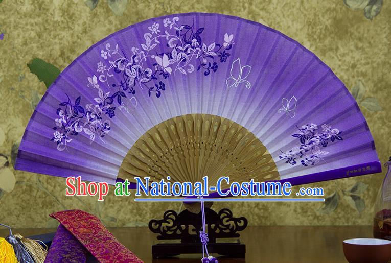 Traditional Chinese Handmade Crafts Printing Flower Folding Fan, China Classical Linen Sensu Purple Fan Hanfu Fans for Women