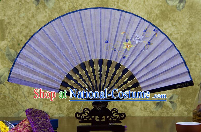 Traditional Chinese Handmade Crafts Printing Flower Folding Fan, China Classical Linen Sensu Light Purple Fan Hanfu Fans for Women