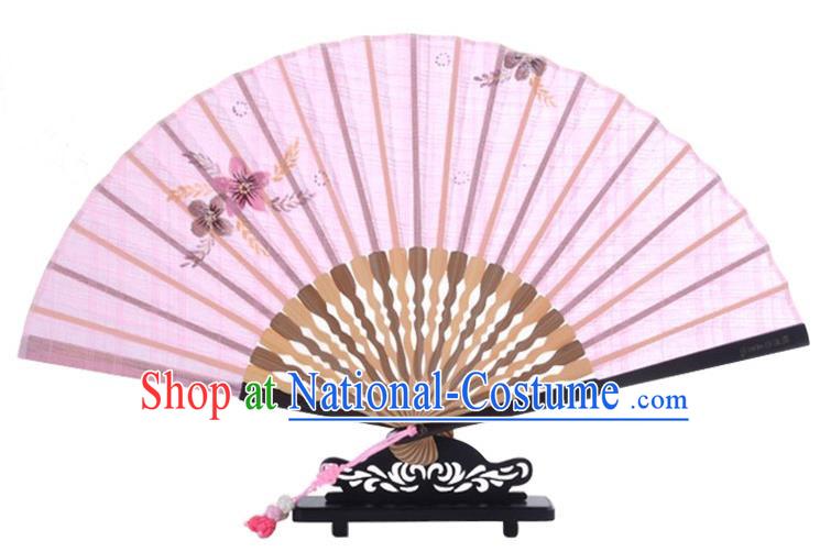 Traditional Chinese Handmade Crafts Printing Flower Folding Fan, China Classical Linen Sensu Pink Fan Hanfu Fans for Women