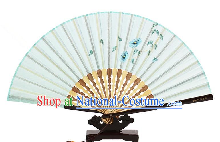 Traditional Chinese Handmade Crafts Printing Flower Folding Fan, China Classical Linen Sensu Light Blue Fan Hanfu Fans for Women