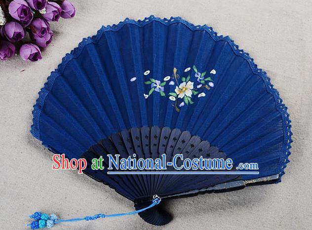 Traditional Chinese Handmade Crafts Hand Painting Flower Folding Fan, China Classical Linen Sensu Sunflower-type Blue Fan Hanfu Fans for Women