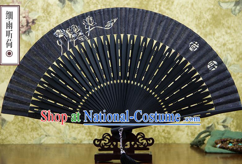 Traditional Chinese Handmade Crafts Silk Folding Fan, China Classical Sensu Printing Lotus Fan Hanfu Fans for Men