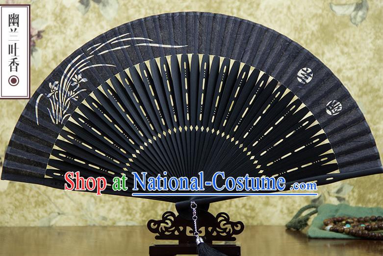 Traditional Chinese Handmade Crafts Silk Folding Fan, China Classical Sensu Printing Orchid Fan Hanfu Fans for Men