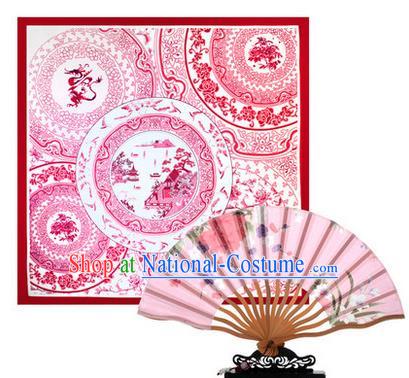 Traditional Chinese Handmade Crafts Silk Folding Fan and Scarves, China Classical Pink Sensu Peach Blossom Fan Hanfu Fans for Women