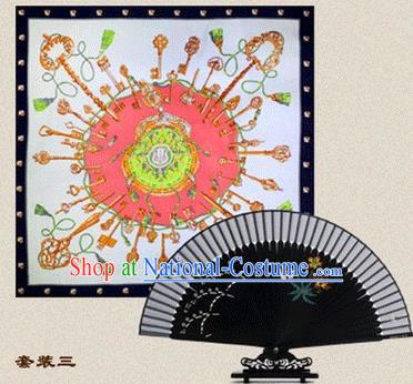 Traditional Chinese Handmade Crafts Silk Folding Fan and Scarves, China Classical Black Sensu Peach Blossom Fan Hanfu Fans for Women