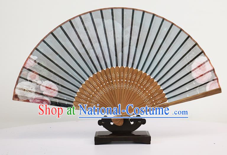 Traditional Chinese Handmade Crafts Silk Folding Fan, China Classical Chiffon Sensu Printing Peony Fan Hanfu Fans for Women