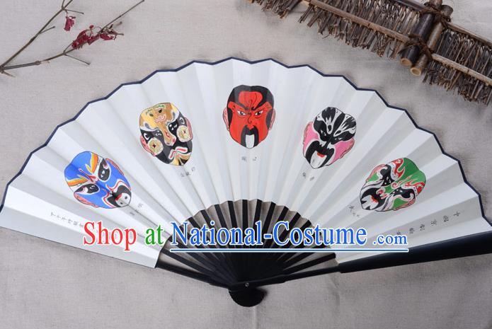 Traditional Chinese Handmade Crafts Xuan Paper Folding Fan, China Classical Art Paper Sensu Hand Painting Beijing Opera Facial Masks Fan Hanfu Fans for Men