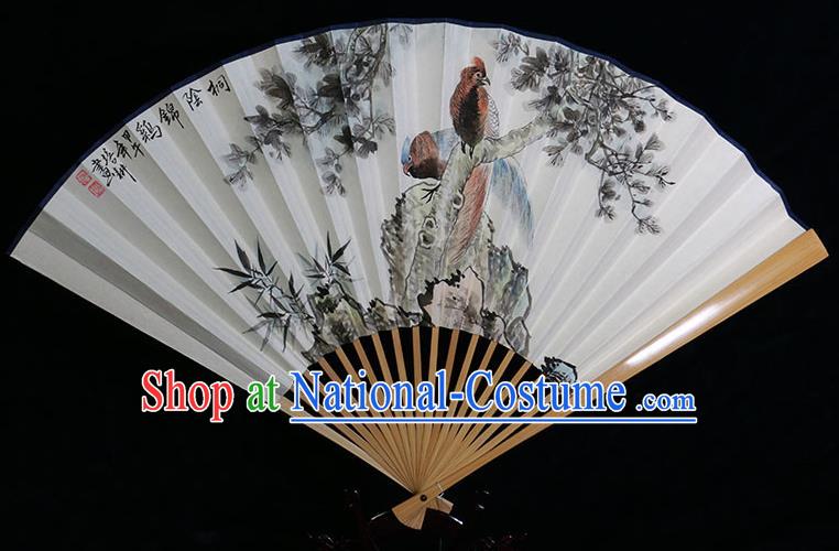 Traditional Chinese Handmade Crafts Water Jade Bone Folding Fan, China Classical Art Paper Hand Painting Golden Pheasant Sensu Xuan Paper Fan Hanfu Fans for Men