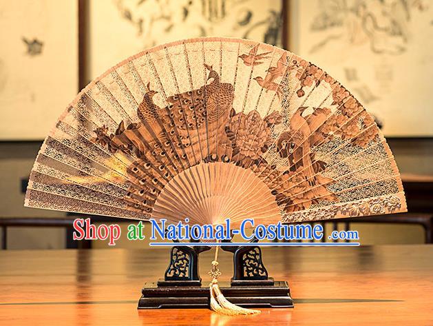 Traditional Chinese Handmade Crafts India Sandalwood Folding Fan Collectibles, China Classical Hollow out Sensu Peacocks Fan Hanfu Fans for Women