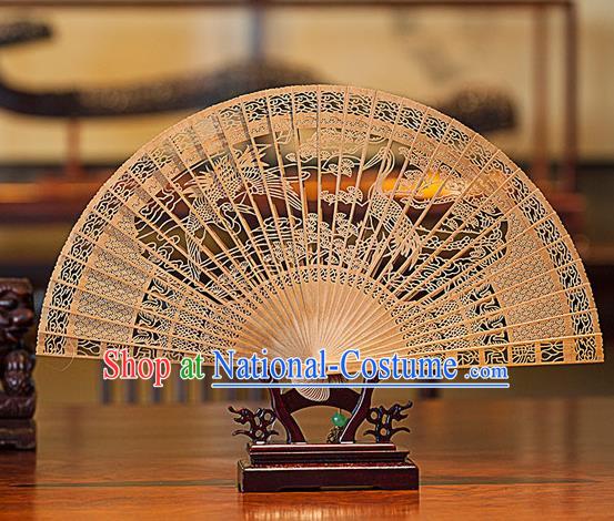 Traditional Chinese Handmade Crafts India Sandalwood Folding Fan Collectibles, China Classical Hollow out Sensu Cranes Fan Hanfu Fans for Women