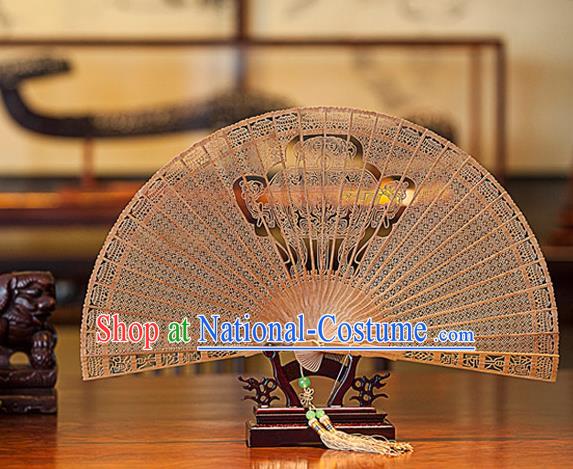 Traditional Chinese Handmade Crafts India Sandalwood Folding Fan Collectibles, China Classical Hollow out Sensu Tripod Stove Fan Hanfu Fans for Women