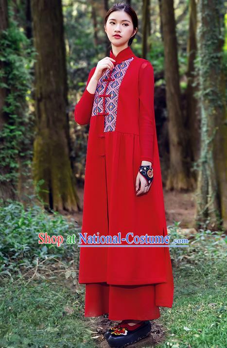 Traditional Chinese Costume Elegant Hanfu Embroidered Vest Dress, China Tang Suit Cheongsam Red Qipao Plated Buttons Dress Clothing for Women