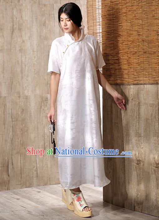 Traditional Chinese Costume Elegant Hanfu Embroidered Dress, China Tang Suit Cheongsam White Qipao Plated Buttons Dress Clothing for Women