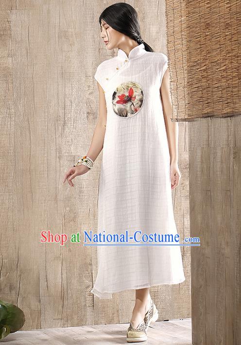 Traditional Chinese Costume Elegant Hanfu Printing Lotus Linen Dress, China Tang Suit Plated Buttons Cheongsam White Qipao Dress Clothing for Women