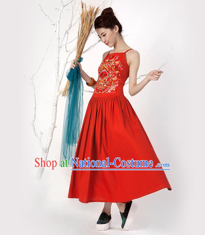 Traditional Chinese Costume Elegant Hanfu Embroidered Flowers Slip Dress, China Tang Suit Red Camisole Dress Clothing for Women