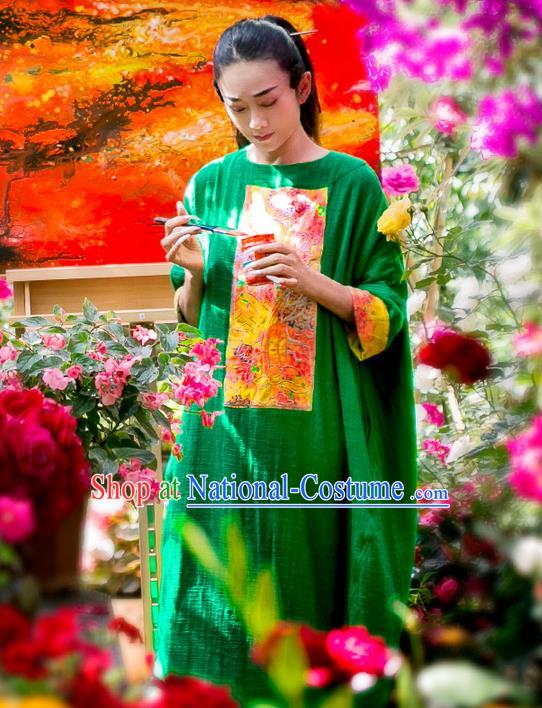 Traditional Chinese Costume Elegant Hanfu Embroidered Flowers Linen Dress, China Tang Suit Cheongsam Upper Outer Garment Qipao Green Dress Clothing for Women