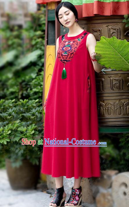 Traditional Chinese Costume Elegant Hanfu Printing Flowers Red Dress, China Tang Suit Cheongsam Linen Qipao Dress Clothing for Women