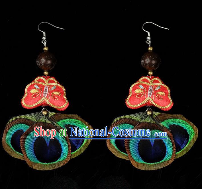 Traditional Chinese Accessories National Embroidery Butterfly Earrings, China Peacock Tassel Red Eardrop for Women