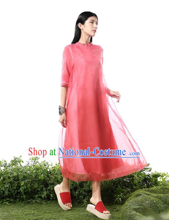 Traditional Chinese Costume Elegant Hanfu Printing Silk Dress, China Tang Suit Cheongsam Red Qipao Dress Clothing for Women