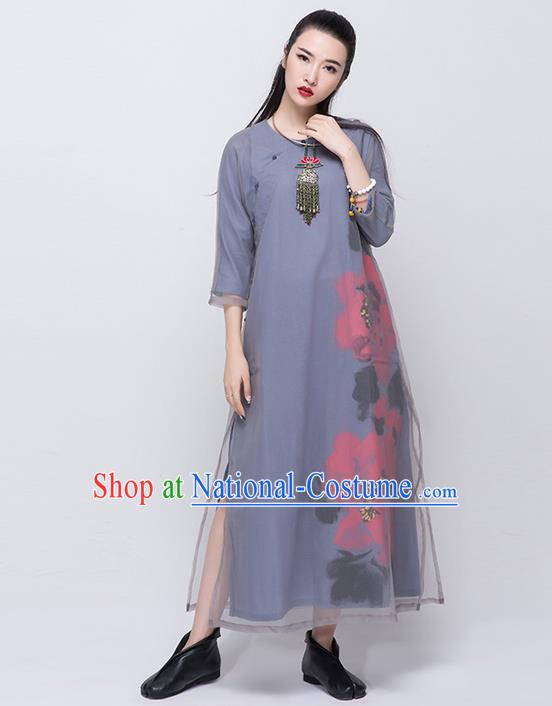 Traditional Chinese Costume Elegant Hanfu Printing Flowers Dress, China Tang Suit Cheongsam Grey Qipao Dress Clothing for Women