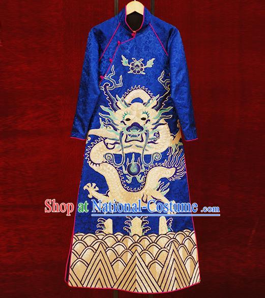 Traditional Chinese Costume Elegant Hanfu Printing Embroidery Dragon Dress, China Tang Suit Plated Buttons Blue Cheongsam Satin Qipao Dress Clothing for Women