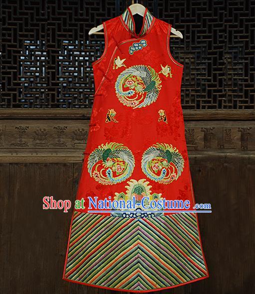 Traditional Chinese Costume Elegant Hanfu Printing Embroidery Phoenix Dress, China Tang Suit Plated Buttons Red Cheongsam Satin Qipao Dress Clothing for Women