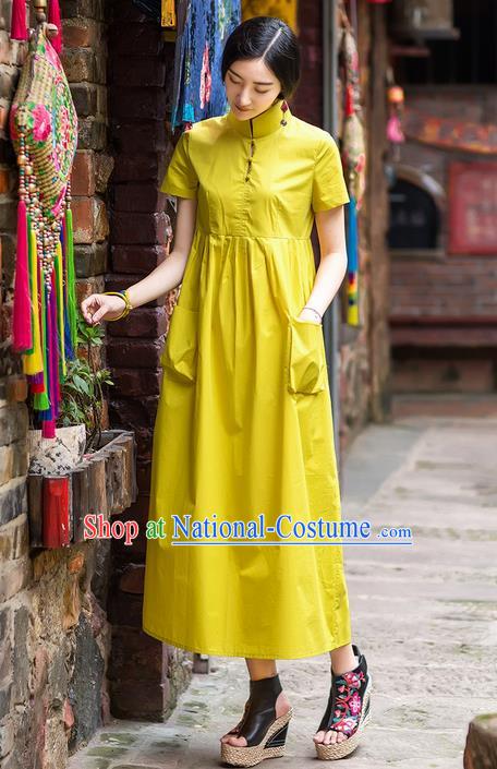 Traditional Chinese Costume Elegant Hanfu Dress, China Tang Suit Plated Buttons Cheongsam Yellow Qipao Dress Clothing for Women