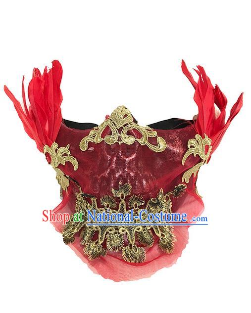 Top Grade Halloween Masquerade Ceremonial Occasions Handmade Model Show Red Feather Mask Headdress for Men