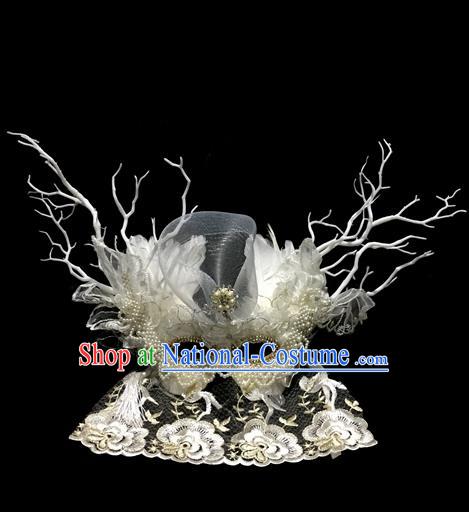 Top Grade Chinese Theatrical Luxury Headdress Ornamental White Beads Mask, Halloween Fancy Ball Ceremonial Occasions Handmade Veil Headpiece for Men